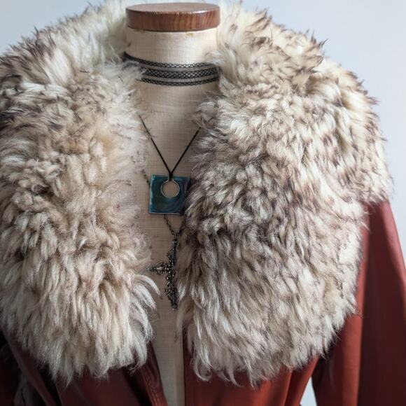 Vintage Leather Jacket Fur Trim Red 70s Penny Lane Boho Trench Afghan Coat Large - Picture 6 of 10